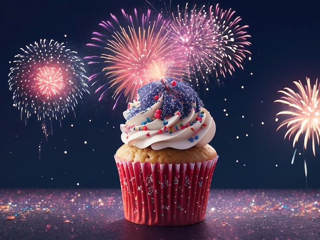 Happy new year celebration with delicious cupcake and firework