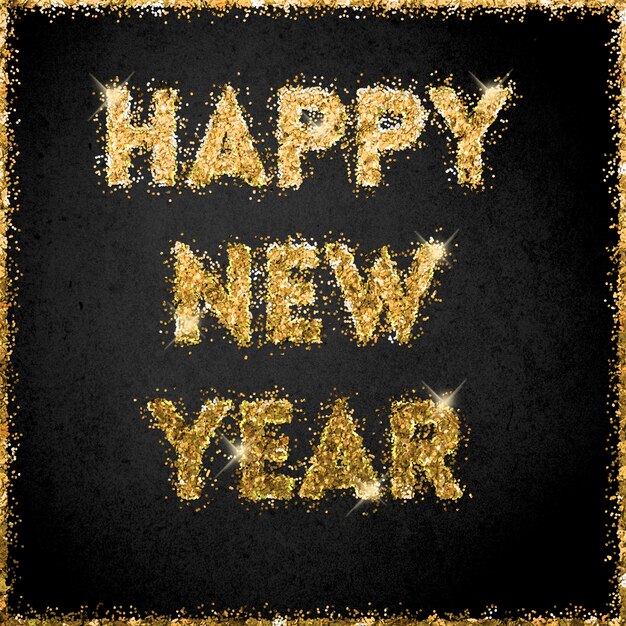 Happy new year celebration with golden glitter letters on a black background