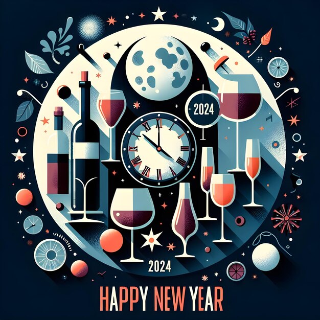 Happy new year in center in the top center clock at midngiht