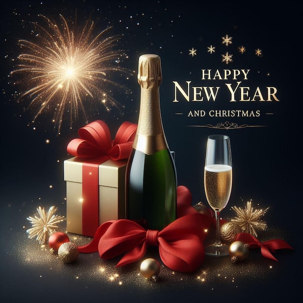 Happy New Year and Christmas background images Champagne bottle beautiful Christmas gift