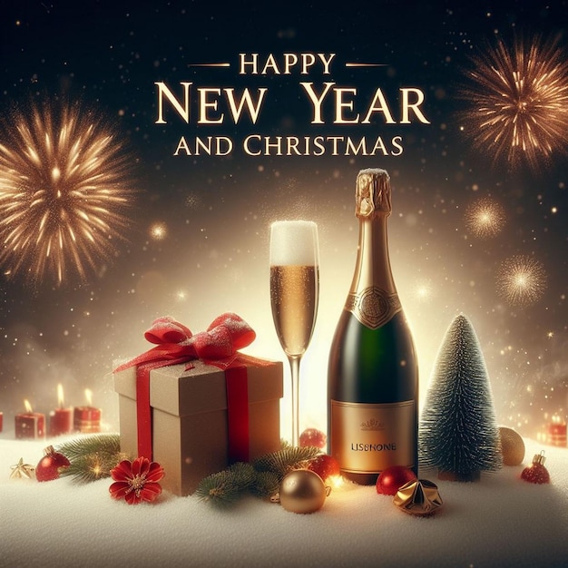 Happy New Year and Christmas background images Champagne bottle beautiful Christmas gift