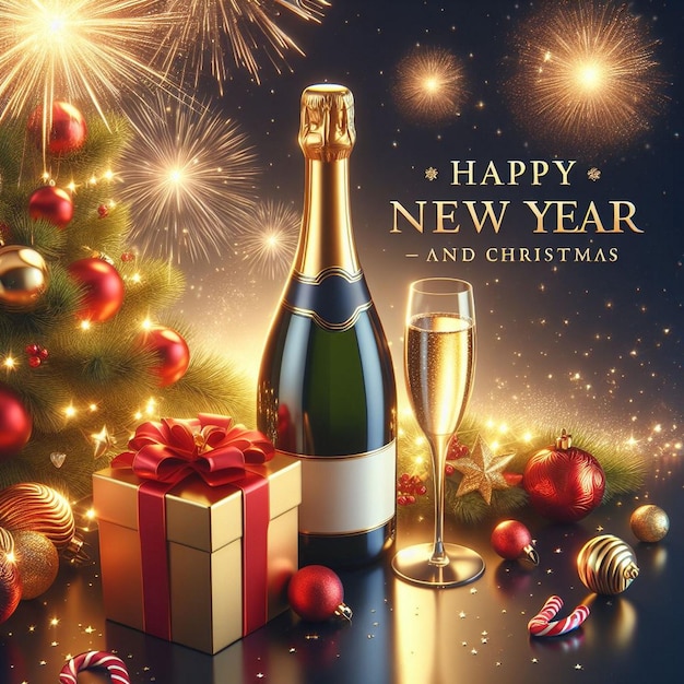 С Новым годом и Рождеством фоновые изображения Бутылка шампанского красивый рождественский подарок