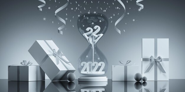 Happy New Year concept art background. 3d rendering Realistic abstract hourglass 2021 change to 2022.Christmas poster, cover card,layout design, brochure, banner.illustration.