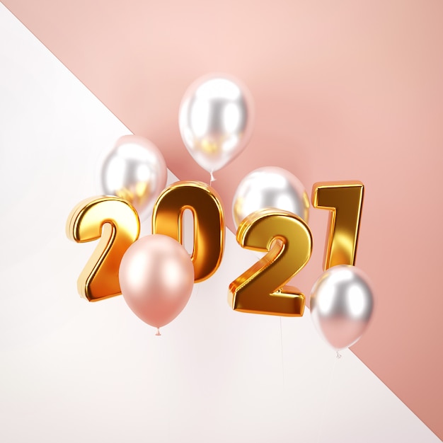 Felice anno nuovo. disegna numeri metallici con data 2021 e palloncino a elio.