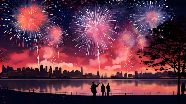 Happy new year fireworks celebration background in illustration style