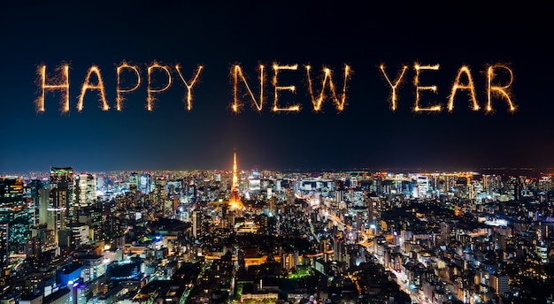 Happy New Year fireworks over Tokyo cityscape at night, Japan