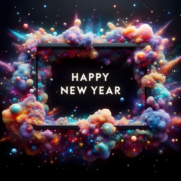 사진 은하에서 만든 행복한 새해 프레임 검은 배경 3d