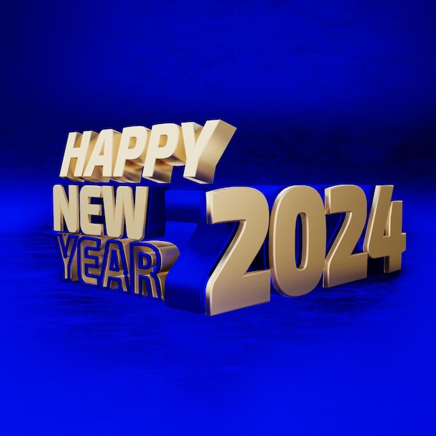新年あけましておめでとうございます 金色の青い大胆な文字 高品質のレンダーは輝く青い背景に孤立しています