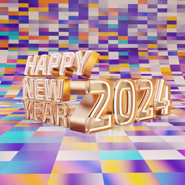 Happy new year golden bold letters high quality render isolated on colorful checkers background