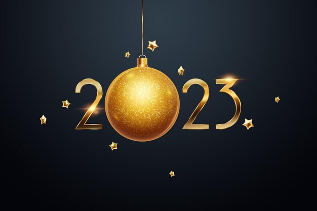 Felice anno nuovo numeri d'oro 2023 su uno sfondo scuro carta vacanze stile rivista banner sito web intestazione modello poster web per poster pubblicitario illustrazione 3d rendering 3d