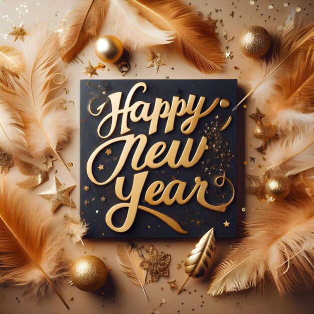 Photo happy new year greeting card with golden lettering and golden feathers on dark background