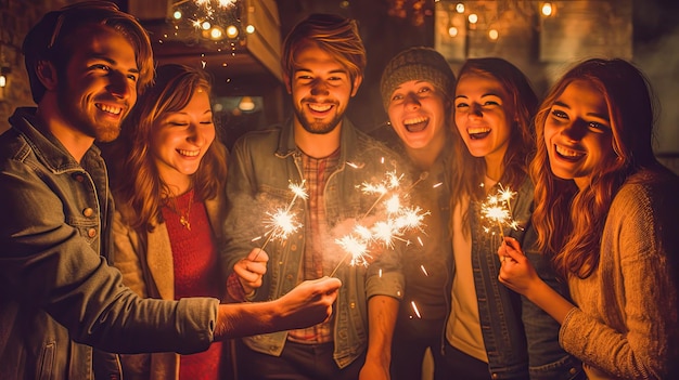 Happy New Year of Group of friends having fun with sparklers Generate Ai