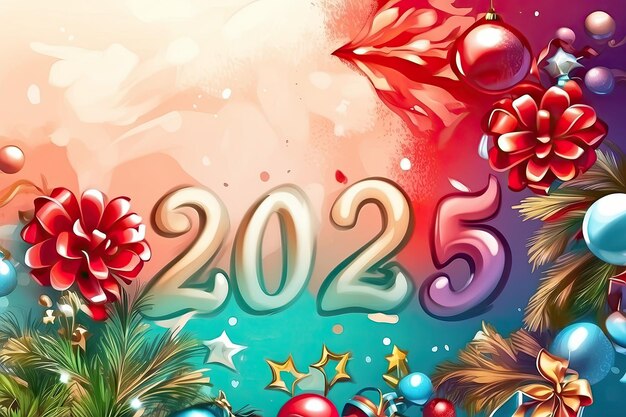 Foto illustrazione di buon anno lettere e numeri dorati 2025 su sfondo natalizio multicolore festivo con paillette stelle neve cartolina di saluto copertina del calendario generata da ai