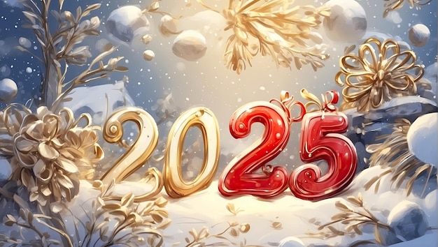 Happy New Year illustration golden letters and numbers 2025 on festive multicolored Christmas background with sequins stars snow Greetings postcard Calendar cover AI generated