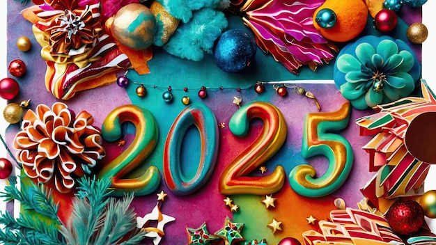 Foto illustrazione di buon anno lettere e numeri dorati 2025 su uno sfondo natalizio multicolore festivo con paillettes stelle neve congratulazioni cartolina copertina del calendario generata da ai