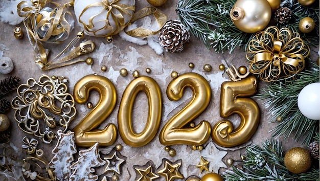 새해 축하 일러스트: 황금 글자 및 숫자 2025 축제 다채로운 크리스마스 배경에 불과 함께 별 눈 축하 포스트카드 달력 커버 AI 생성