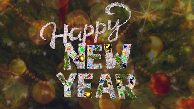 Happy new year inscription made of sparkles christmas tree background craft hand made