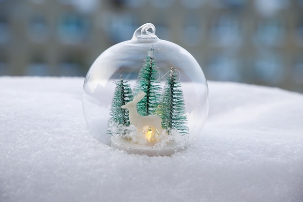 Happy New Year and Merry Christmas banner. Xmas Snowball with trees and deer