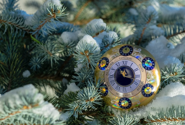 Photo happy new year and merry christmas, christmas background alarm-clock on the christmas tree.