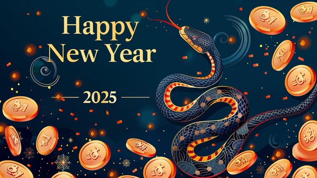 Happy New Year and Merry Christmas Snake and gold coins