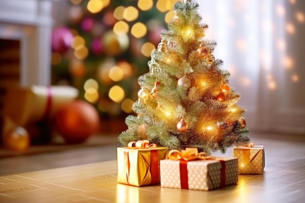 Happy New Year and Merry Christmas with bokeh Gifts under a decorated Christmas tree