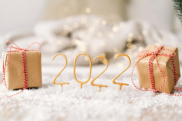 Happy new year  new year background with presents garlands and new year decorations