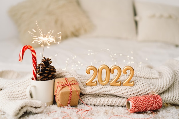 Happy new year  new year background with presents garlands and new year decorations