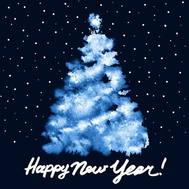 Photo happy new year! - painted blue christmas tree - raster illustration