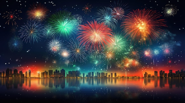 Photo happy new year party with colorful fireworks at night