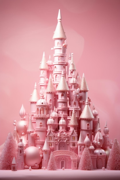 Фото С новым годом розовый пастель замок дом рождественские деревья декоративные воздушные шары снегопады снежинки на розовом фоне рождественская подарочная карточка зимний розовый фон с традиционными элементами