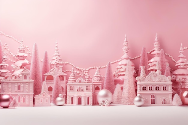 Фото С новым годом розовый пастель замок дом рождественские деревья декоративные воздушные шары снегопады снежинки на розовом фоне рождественская подарочная карточка зимний розовый фон с традиционными элементами