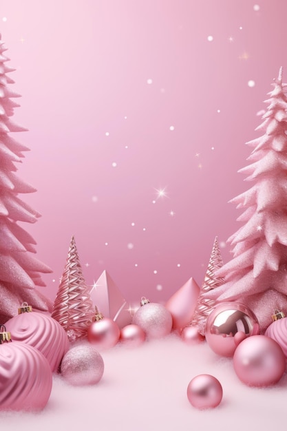 С Новым годом Розовые пастельные рождественские деревья декоративные воздушные шары снежные дрейфы снежинки Праздничная подарочная карточка Праздничный плакат Зимний розовый фон с традиционными элементами вертикальная рамка
