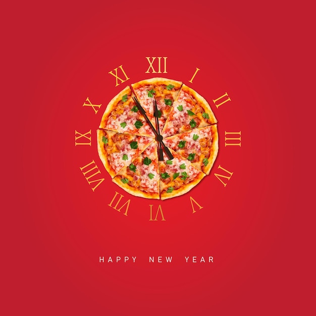 Happy New Year Pizza Roman Time-concept kan worden gebruikt voor restaurants, pizzamerken, voedselkaarten,