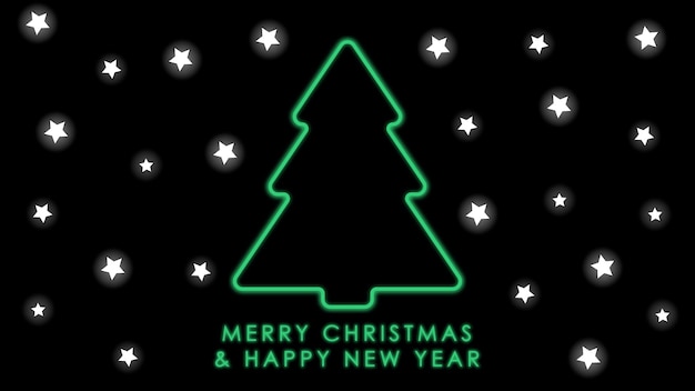 Happy New Year, postcard. Neon green Christmas tree and stars on a black background. Holiday postcar