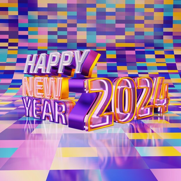 Photo happy new year purple gold bold letters high quality render isolated on colorful checkers background