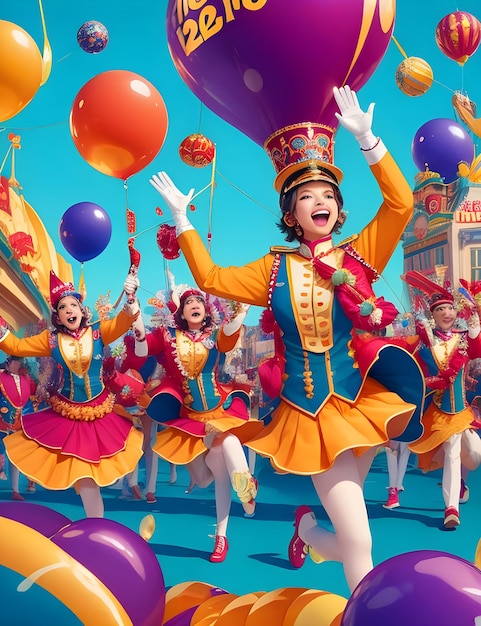 Photo happy new year's parade with colorful floats and marching bands illustration ai generate image