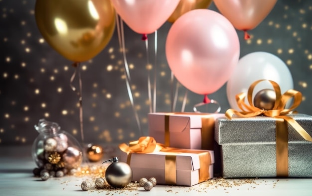 С Новым годом в продаже подарочные коробки с воздушными шарами AI Generative
