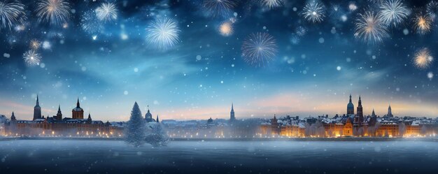 Foto buon anno nuovo città innevata con fuochi d'artificio