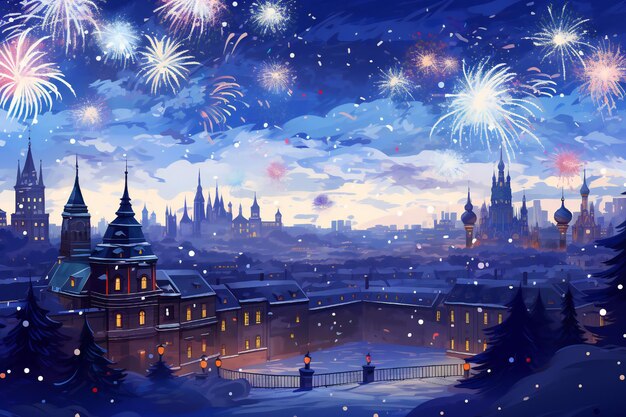 Photo happy new year snowy city with fireworks