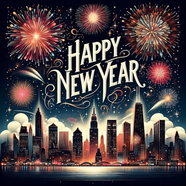 Happy New Year Typography with Fireworks in Night Sky New Year Celebration design for flyer