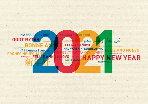 Happy new year vintage card from the world in different languages and colors