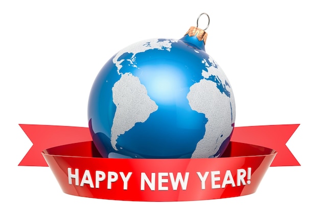 Photo happy new year with christmas ball shaped as earth globe with text on the red ribbon 3d rendering