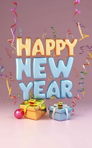 happy new year with clipart typography illustration 3d render