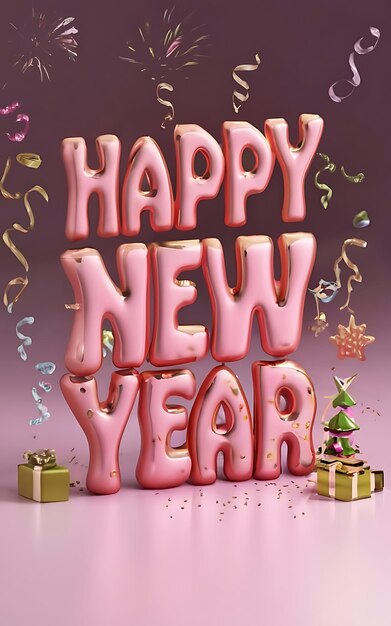 happy new year with clipart typography illustration 3d render