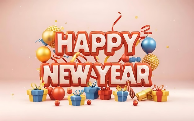 happy new year with clipart typography illustration 3d render