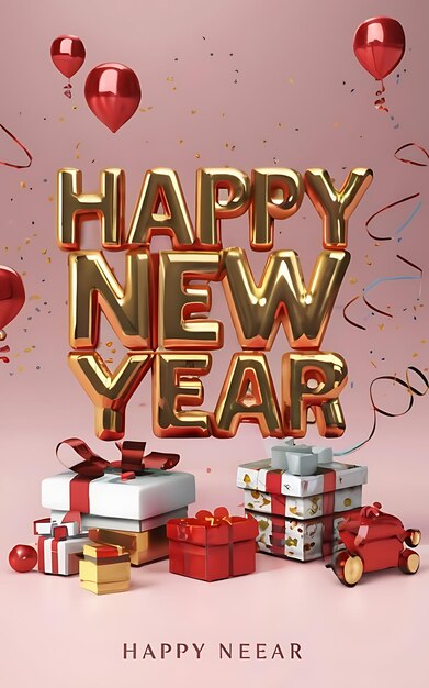 happy new year with clipart typography illustration 3d render