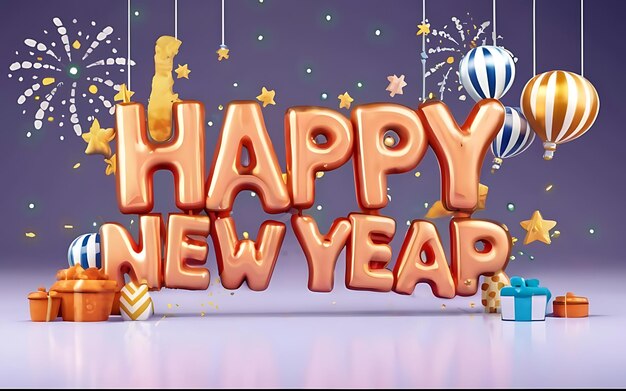 happy new year with clipart typography illustration 3d render