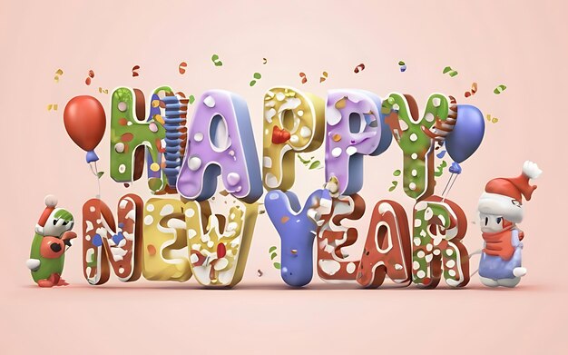 happy new year with clipart typography illustration 3d render