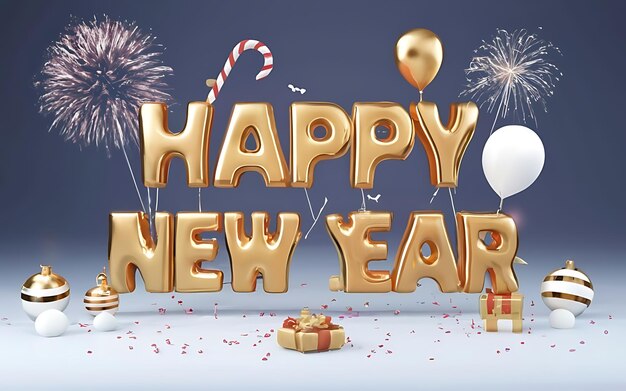 happy new year with clipart typography illustration 3d render