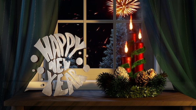 침엽수 밖에 눈이 창에서 장식품 촛불 커튼으로 새해 복 많이 받으세요